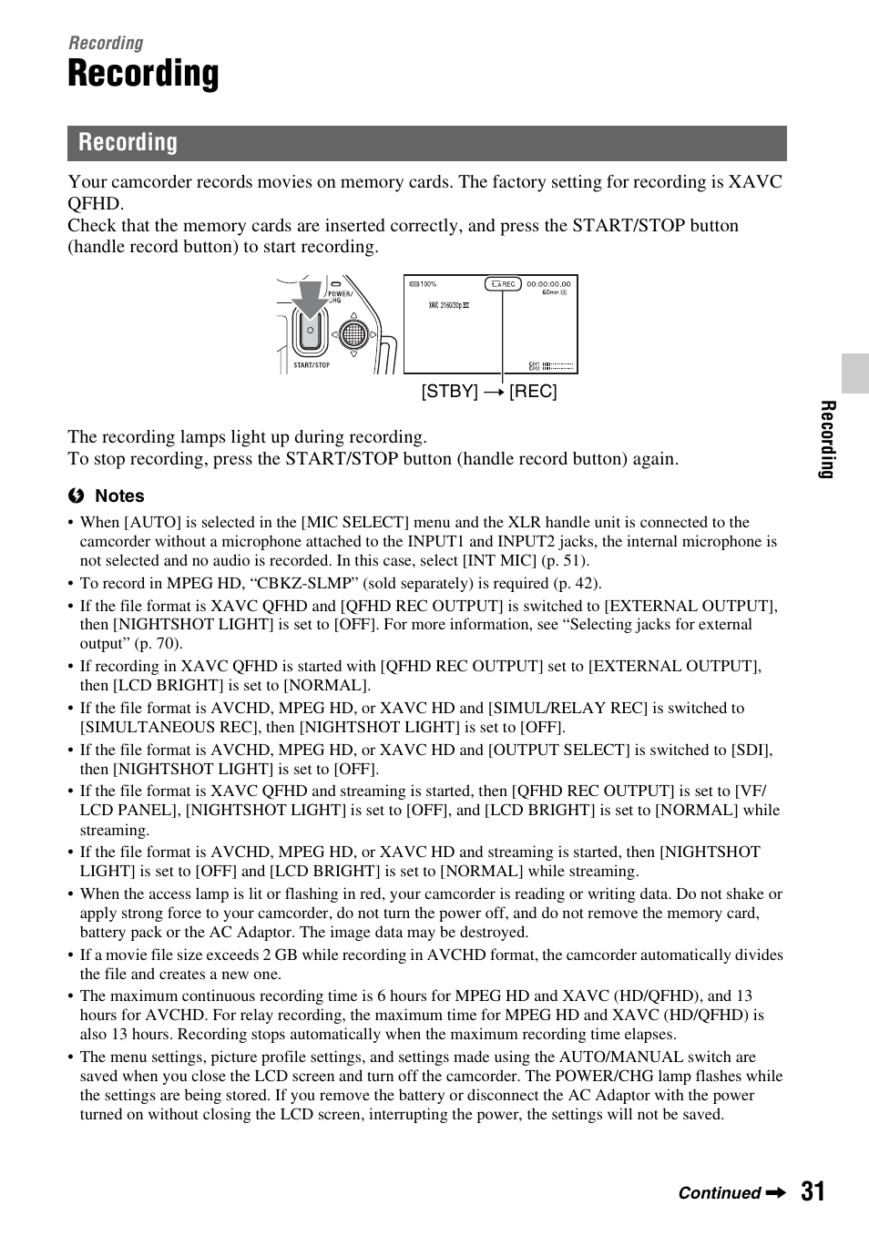 Recording, On (p. 31), N (p. 31) | P. 31) | Sony a6400 Mirrorless Camera User Manual | Page 31 / 176