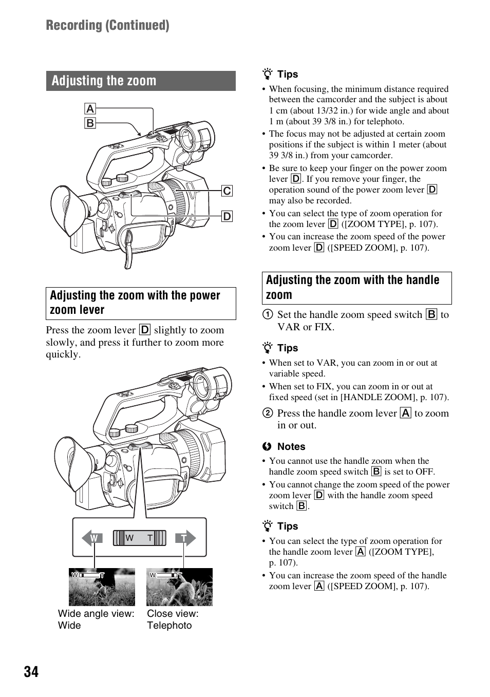 Adjusting the zoom, R (p. 34), P. 34) | Recording ( continued), Adjusting the zoom with the power zoom lever, Adjusting the zoom with the handle zoom | Sony a6400 Mirrorless Camera User Manual | Page 34 / 176