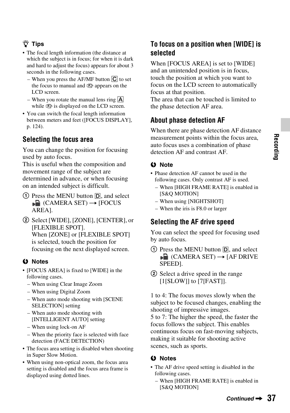 Selecting the focus area, About phase detection af, Selecting the af drive speed | Sony a6400 Mirrorless Camera User Manual | Page 37 / 176