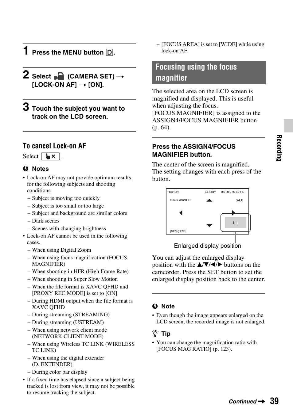 Focusing using the focus magnifier, P. 39) | Sony a6400 Mirrorless Camera User Manual | Page 39 / 176