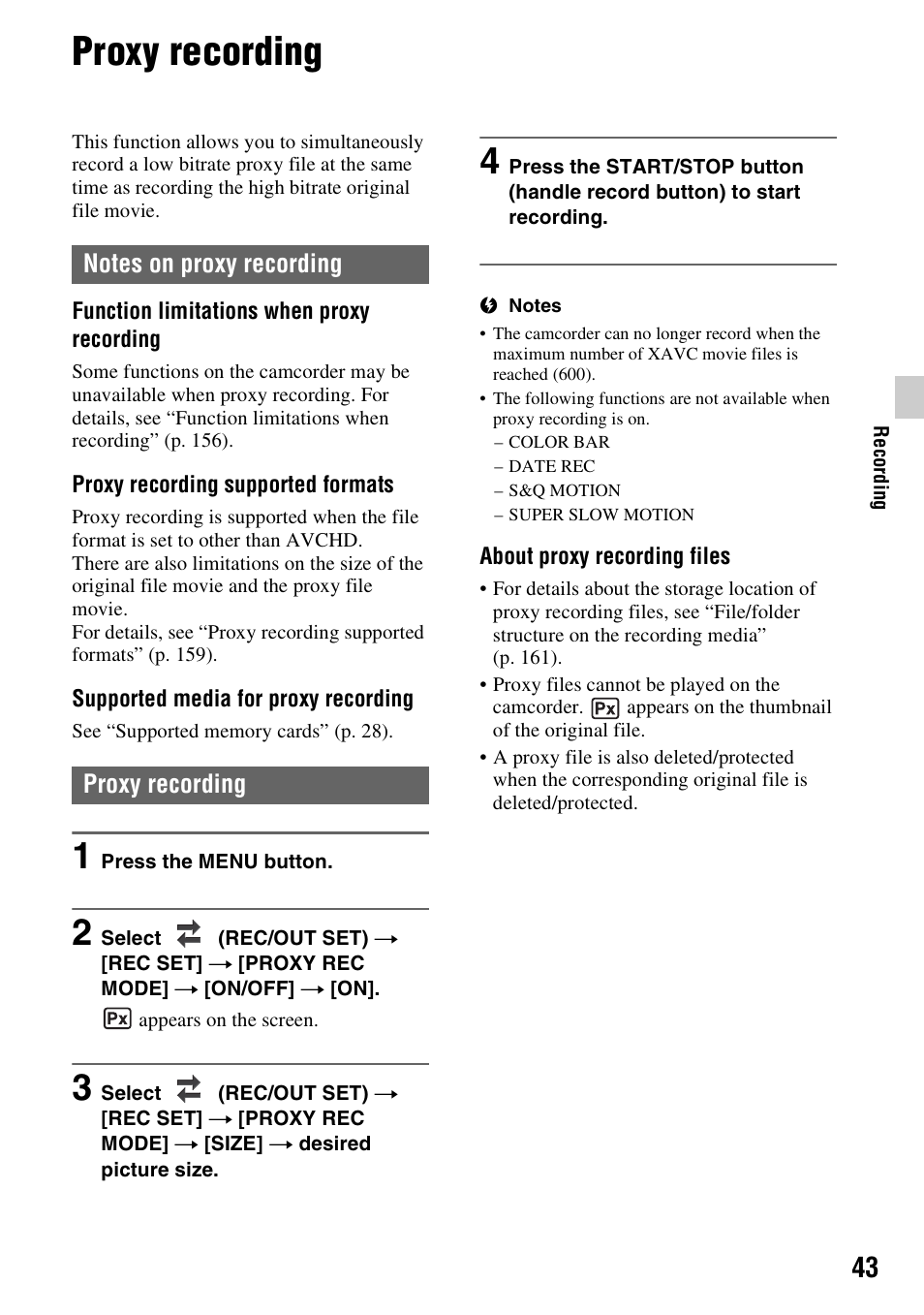 Proxy recording, Notes on proxy recording, Notes on proxy recording proxy recording | P. 43) | Sony a6400 Mirrorless Camera User Manual | Page 43 / 176