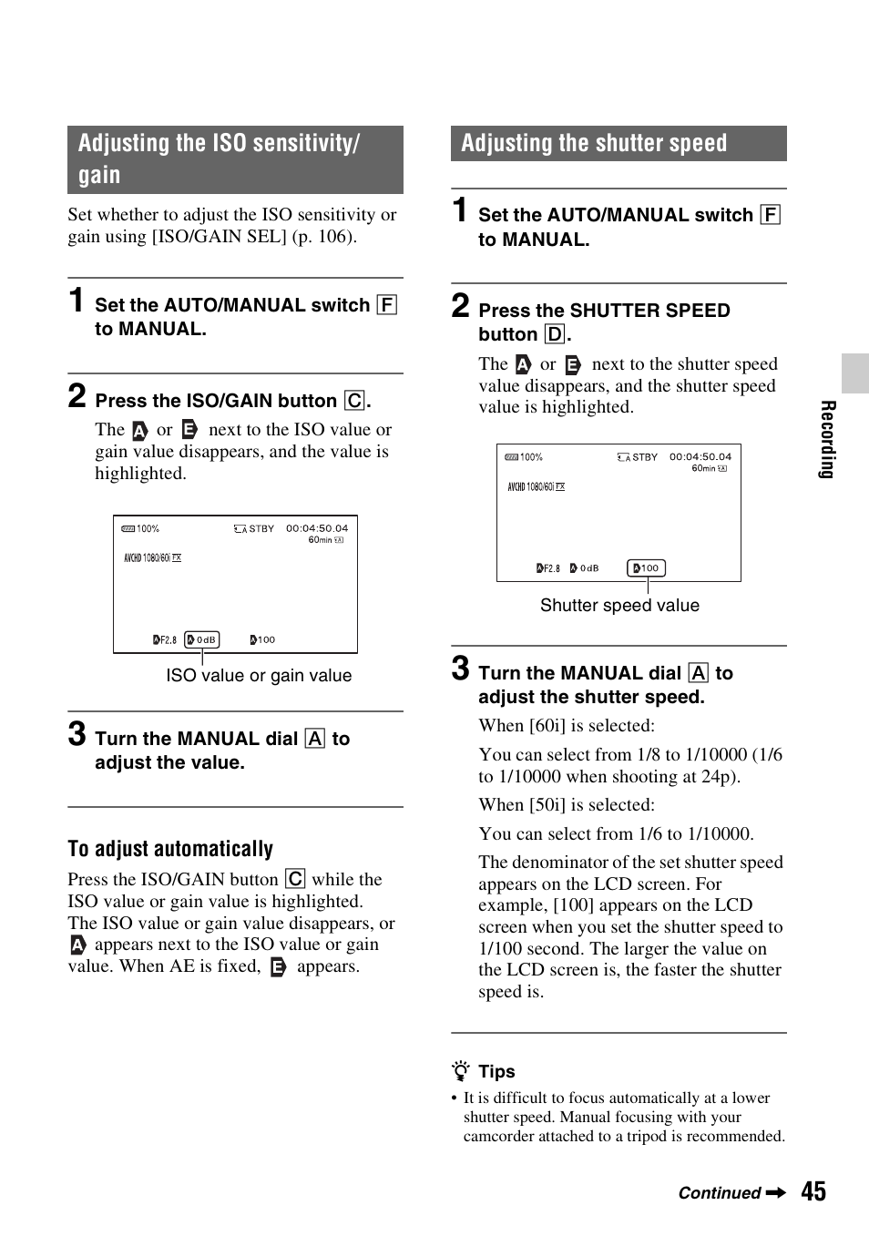 Adjusting the iso sensitivity/gain, Adjusting the shutter speed, P. 45) | Y (p. 45), Adjusting the iso sensitivity/ gain | Sony a6400 Mirrorless Camera User Manual | Page 45 / 176