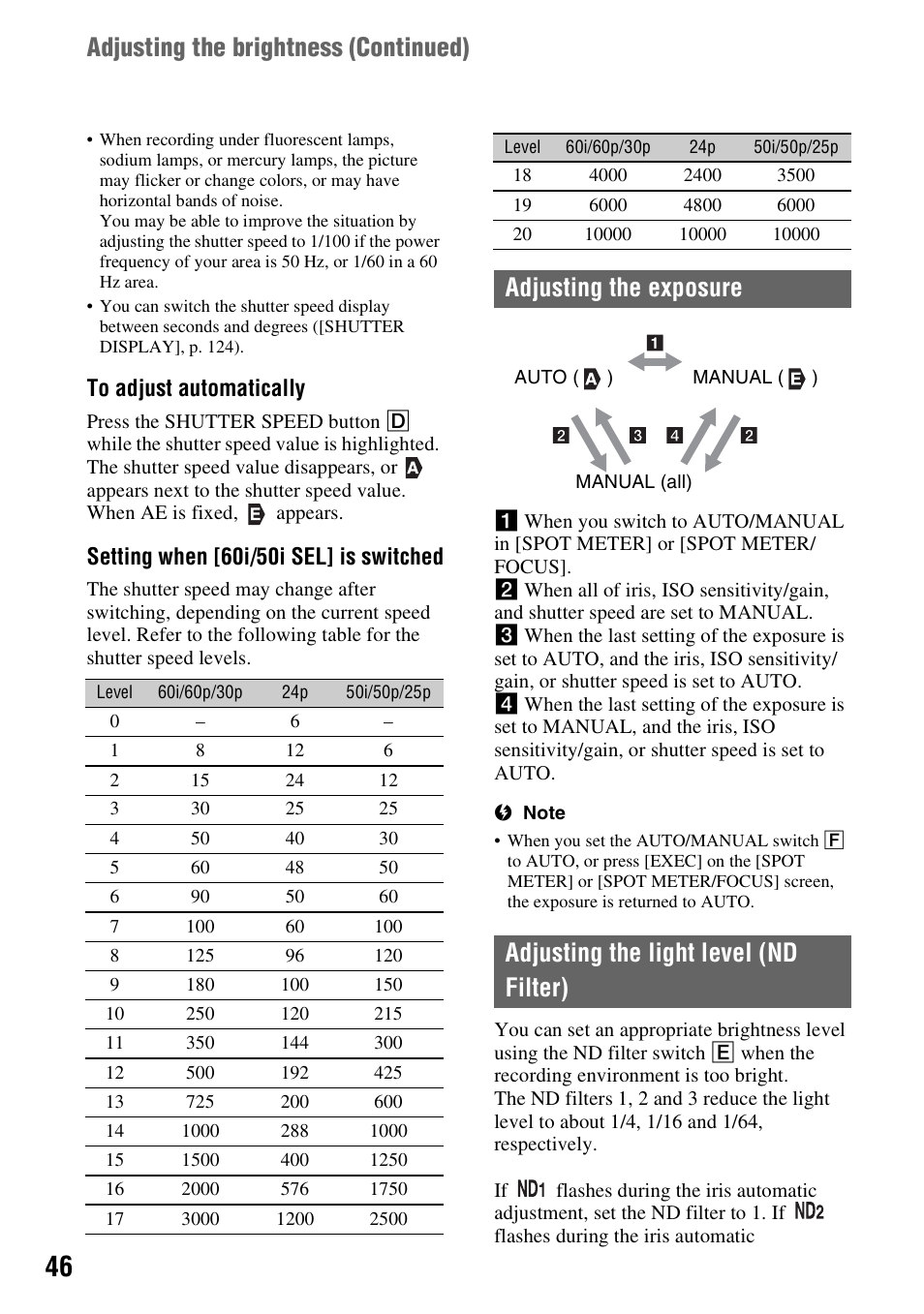 Adjusting the exposure, Adjusting the light level (nd filter), P. 46) | Er (p. 46), Adjusting the brightness (continued), Setting when [60i/50i sel] is switched | Sony a6400 Mirrorless Camera User Manual | Page 46 / 176