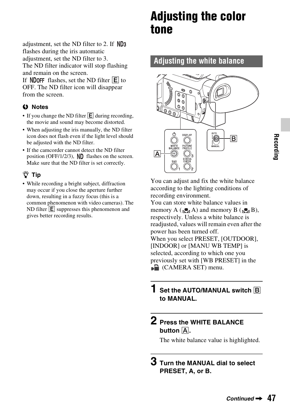 Adjusting the color tone, Adjusting the white balance, P. 47) | E (p. 47) | Sony a6400 Mirrorless Camera User Manual | Page 47 / 176