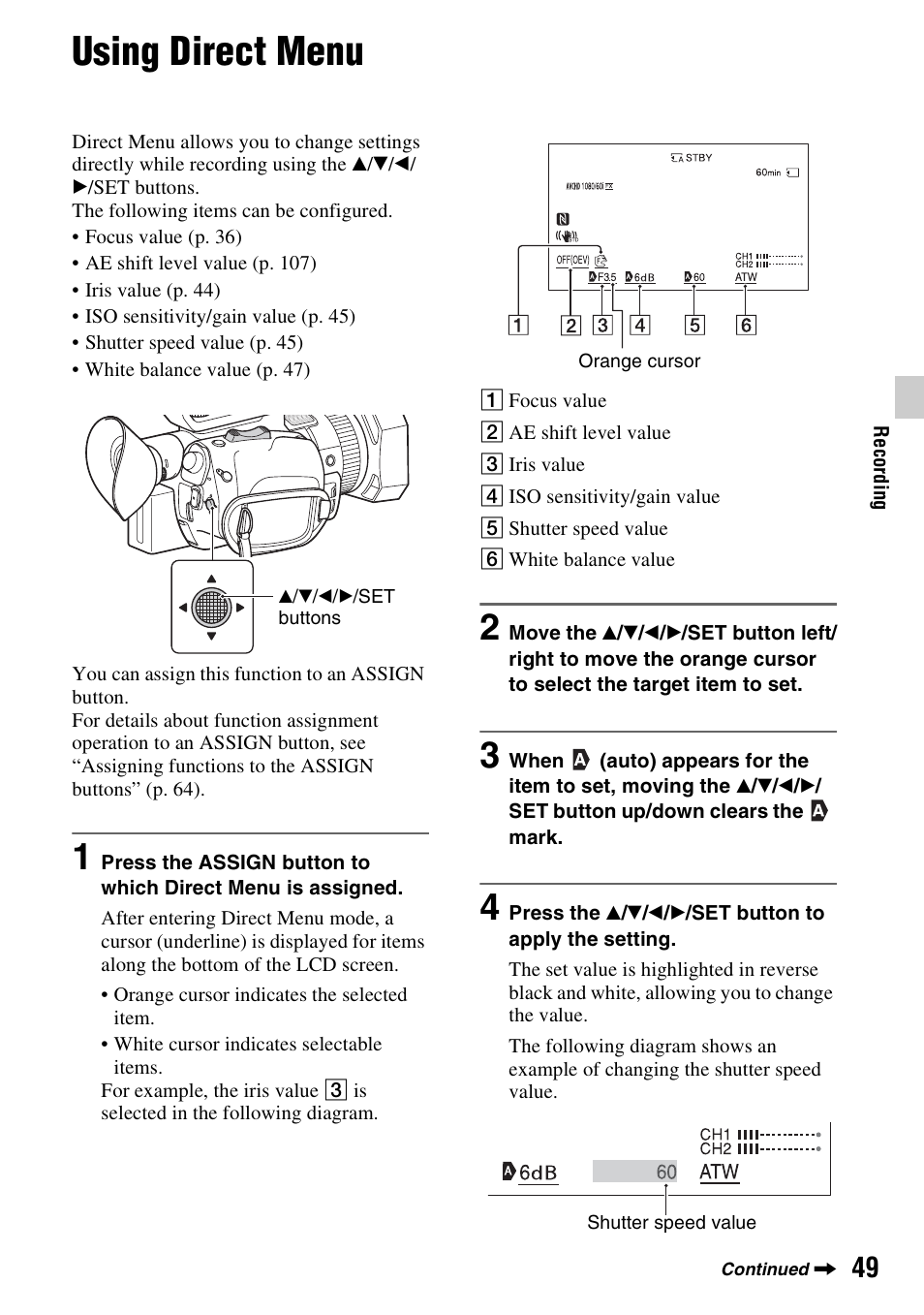 Using direct menu | Sony a6400 Mirrorless Camera User Manual | Page 49 / 176