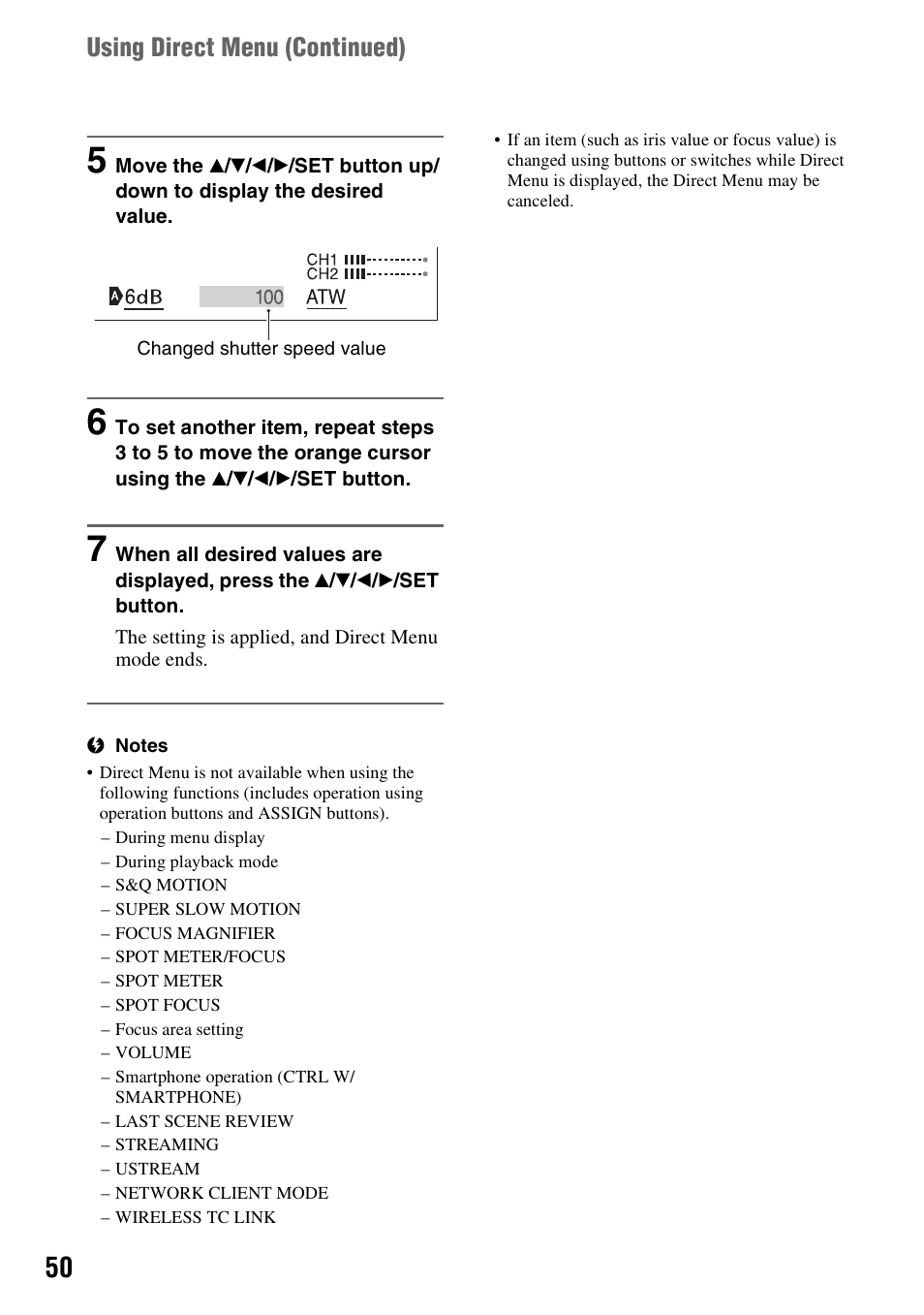Using direct menu (continued) | Sony a6400 Mirrorless Camera User Manual | Page 50 / 176