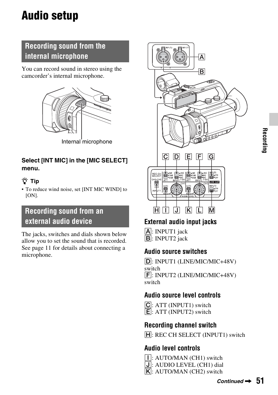 Audio setup, Recording sound from the internal microphone, Recording sound from an external audio device | P. 51), H (p. 51) | Sony a6400 Mirrorless Camera User Manual | Page 51 / 176