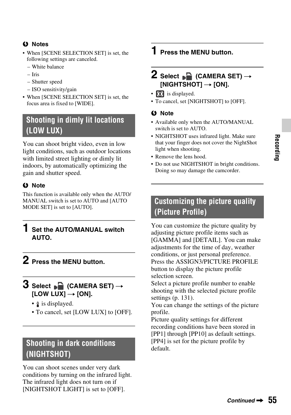 Shooting in dimly lit locations (low lux), Shooting in dark conditions (nightshot), Customizing the picture quality (picture profile) | P. 55) | Sony a6400 Mirrorless Camera User Manual | Page 55 / 176