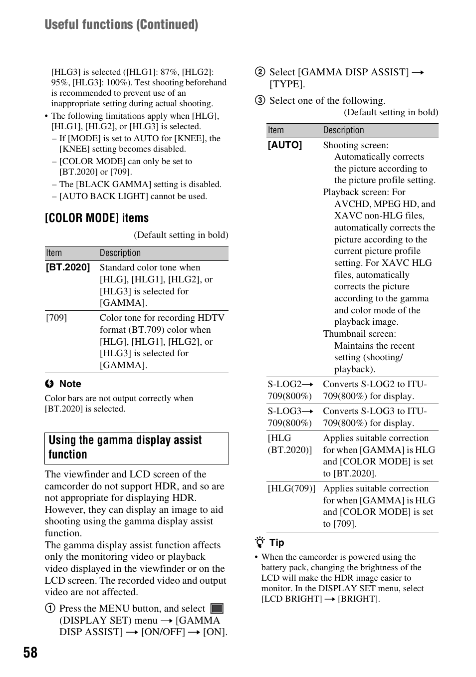P. 58), Useful functions ( continued), Color mode] items | Using the gamma display assist function | Sony a6400 Mirrorless Camera User Manual | Page 58 / 176
