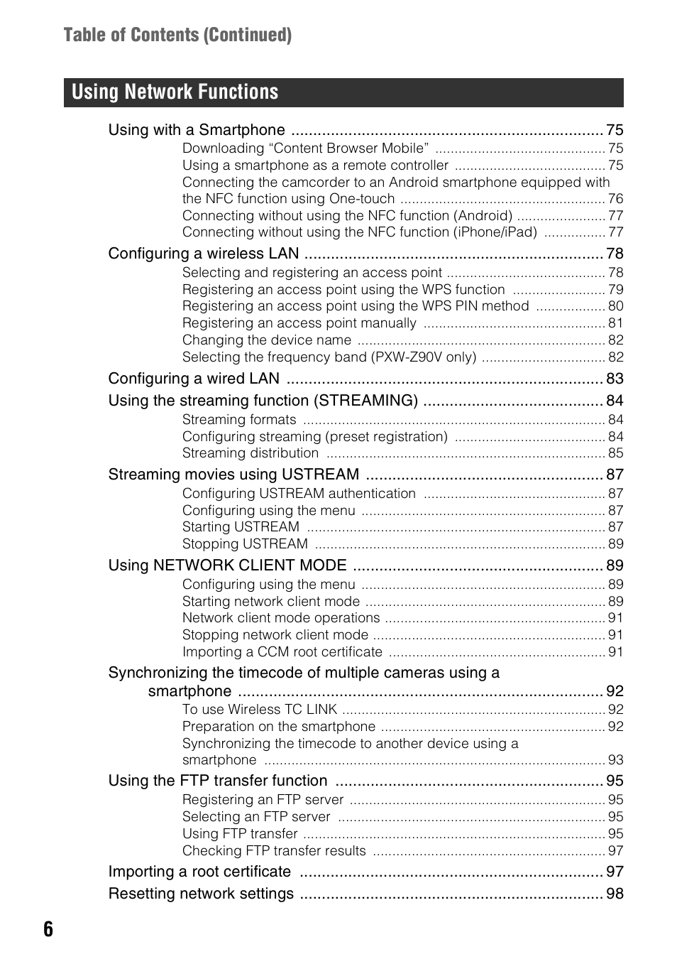 6using network functions, Table of contents ( continued) | Sony a6400 Mirrorless Camera User Manual | Page 6 / 176