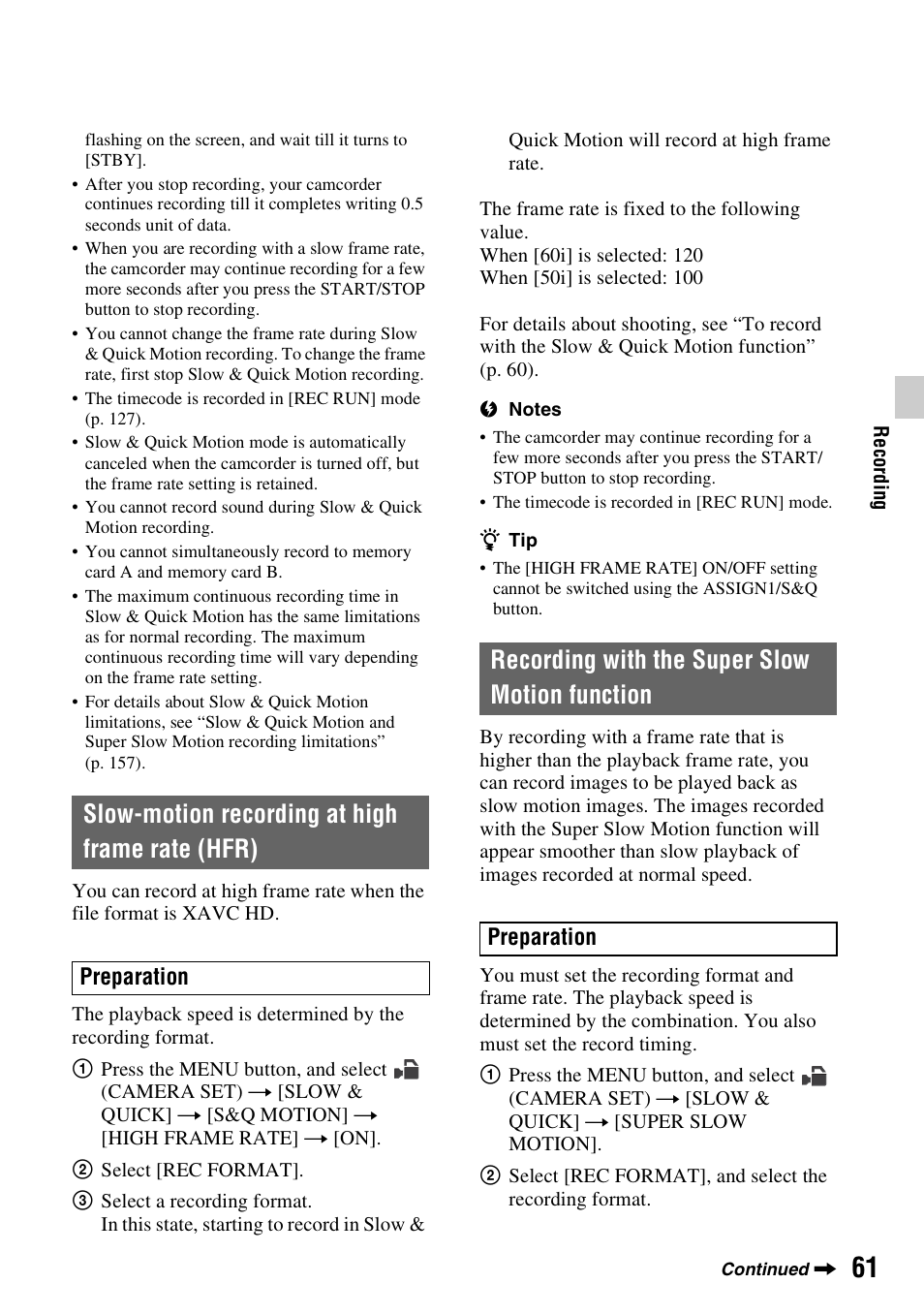 Slow-motion recording at high frame rate (hfr), Recording with the super slow motion function | Sony a6400 Mirrorless Camera User Manual | Page 61 / 176