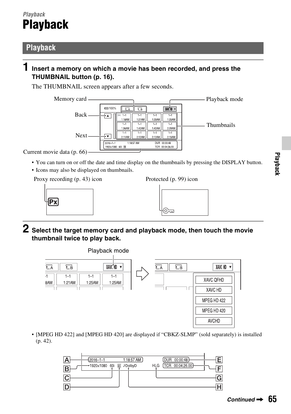 Playback, P. 65), Ons (p. 65) | On (p. 65), Nail (p. 65) | Sony a6400 Mirrorless Camera User Manual | Page 65 / 176