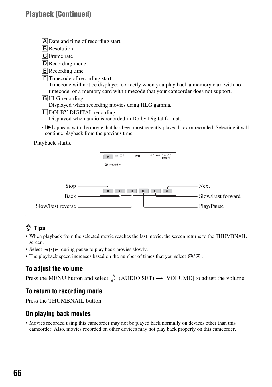 P. 66), Playback ( continued), On playing back movies | Sony a6400 Mirrorless Camera User Manual | Page 66 / 176