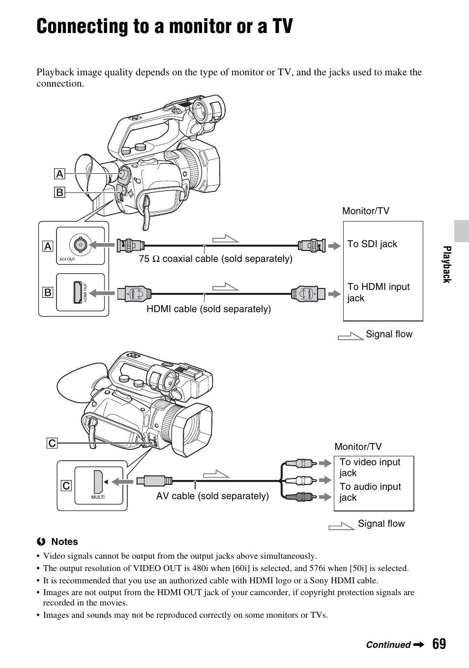 Connecting to a monitor or a tv, P. 69), P. 69 | Sony a6400 Mirrorless Camera User Manual | Page 69 / 176