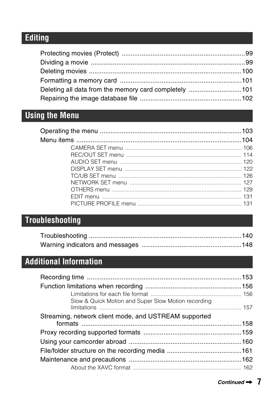 7editing, Using the menu, Troubleshooting | Additional information | Sony a6400 Mirrorless Camera User Manual | Page 7 / 176