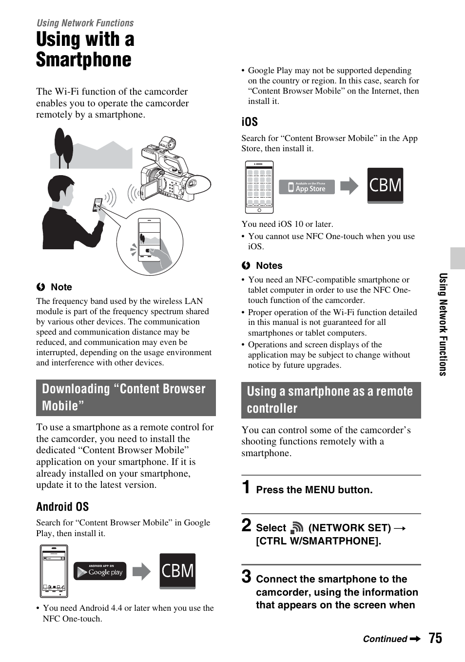 Using network functions, Using with a smartphone, Downloading “content browser mobile | Using a smartphone as a remote controller, P. 75) | Sony a6400 Mirrorless Camera User Manual | Page 75 / 176