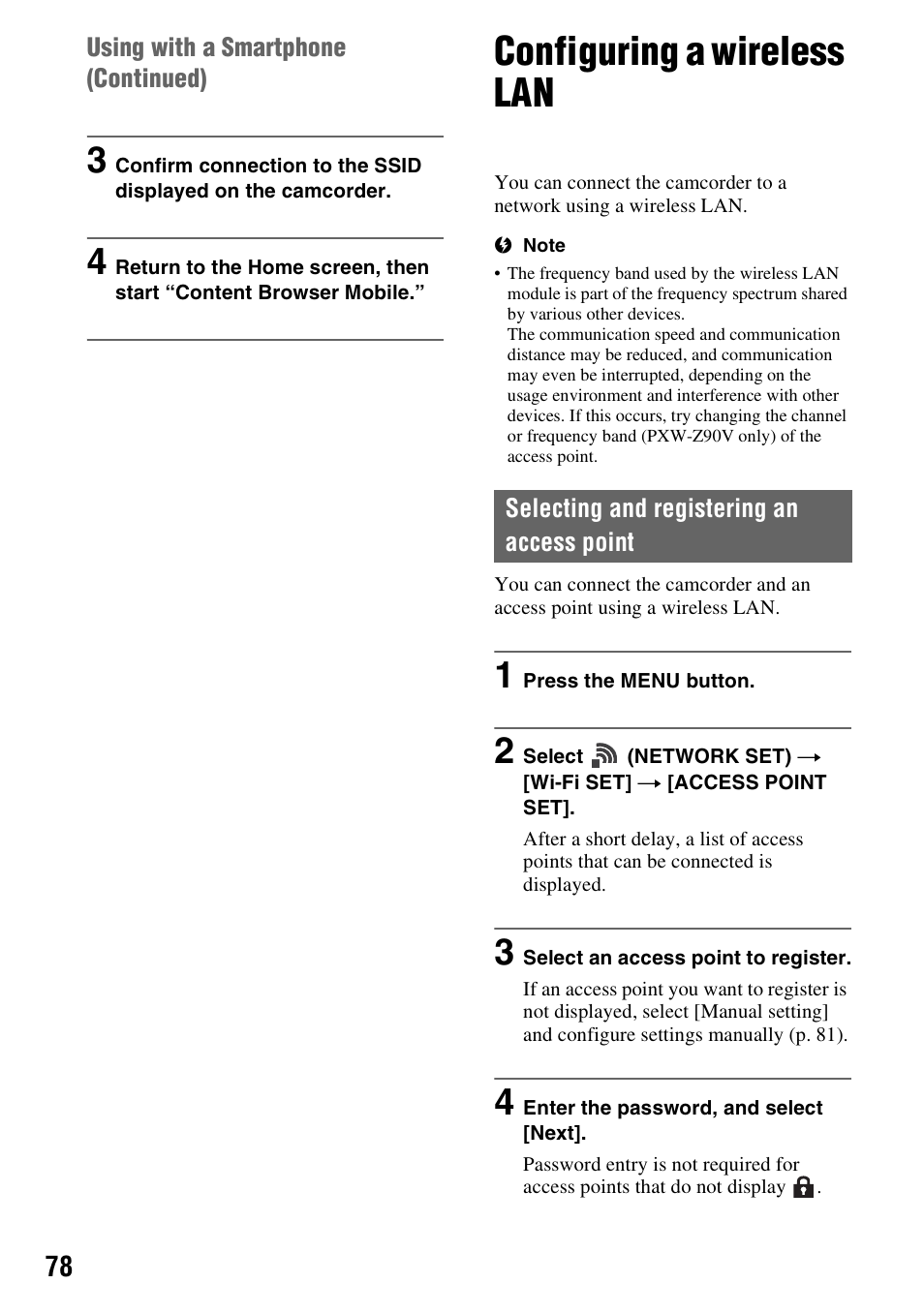 Configuring a wireless lan, Selecting and registering an access point | Sony a6400 Mirrorless Camera User Manual | Page 78 / 176