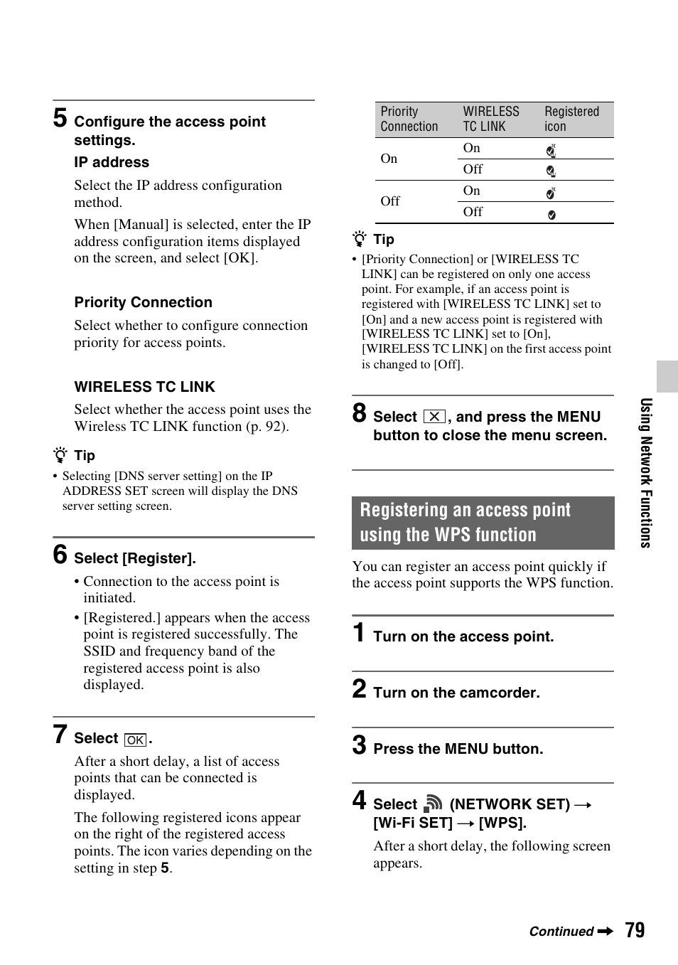 Registering an access point using the wps function | Sony a6400 Mirrorless Camera User Manual | Page 79 / 176