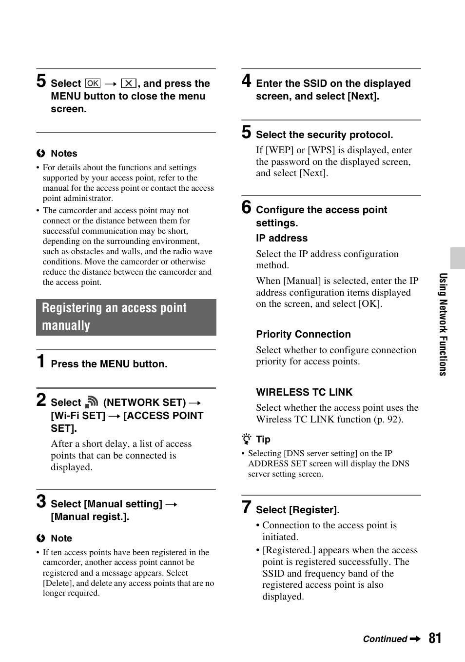 Registering an access point manually | Sony a6400 Mirrorless Camera User Manual | Page 81 / 176