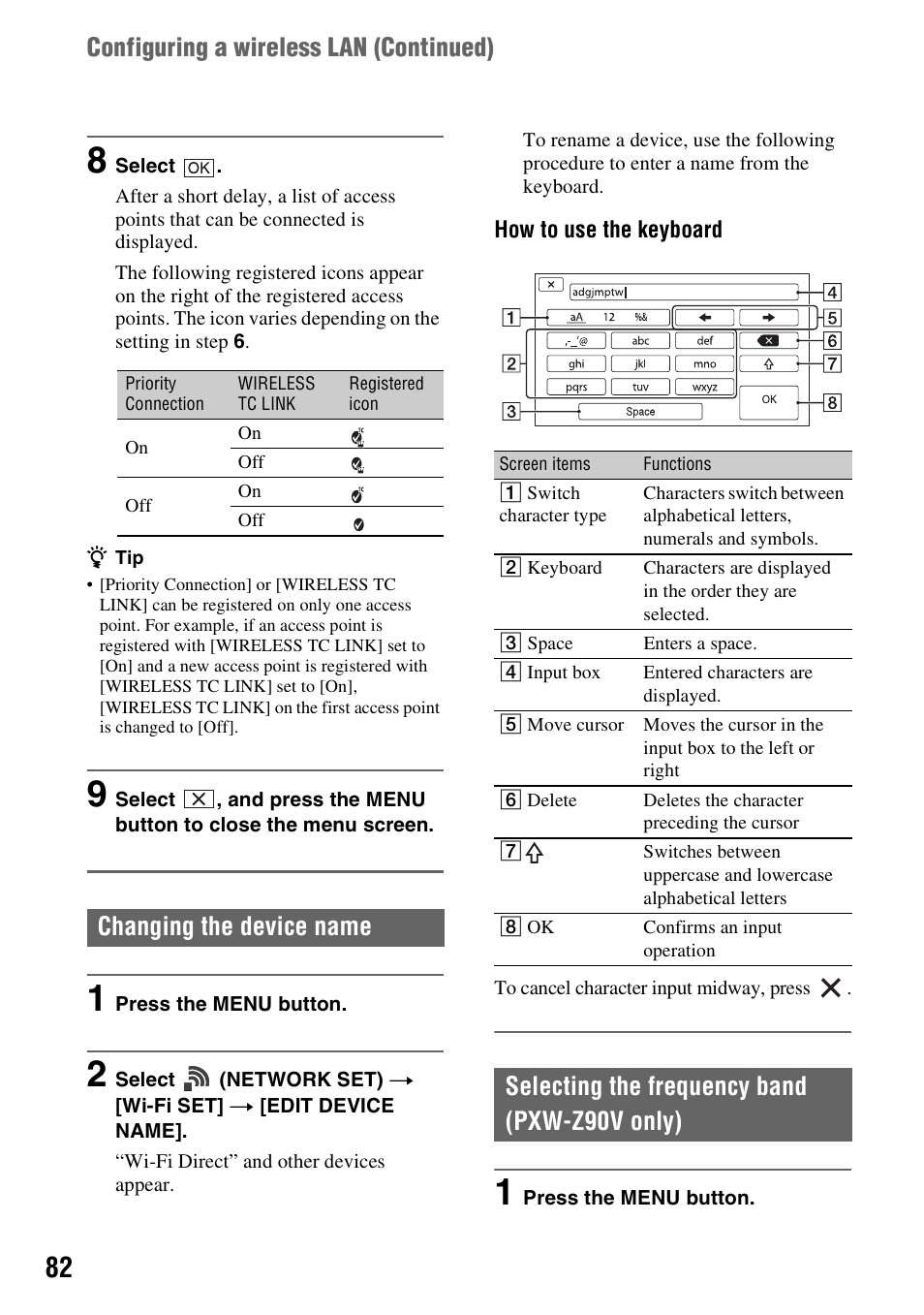 Changing the device name, Selecting the frequency band (pxw-z90v only) | Sony a6400 Mirrorless Camera User Manual | Page 82 / 176