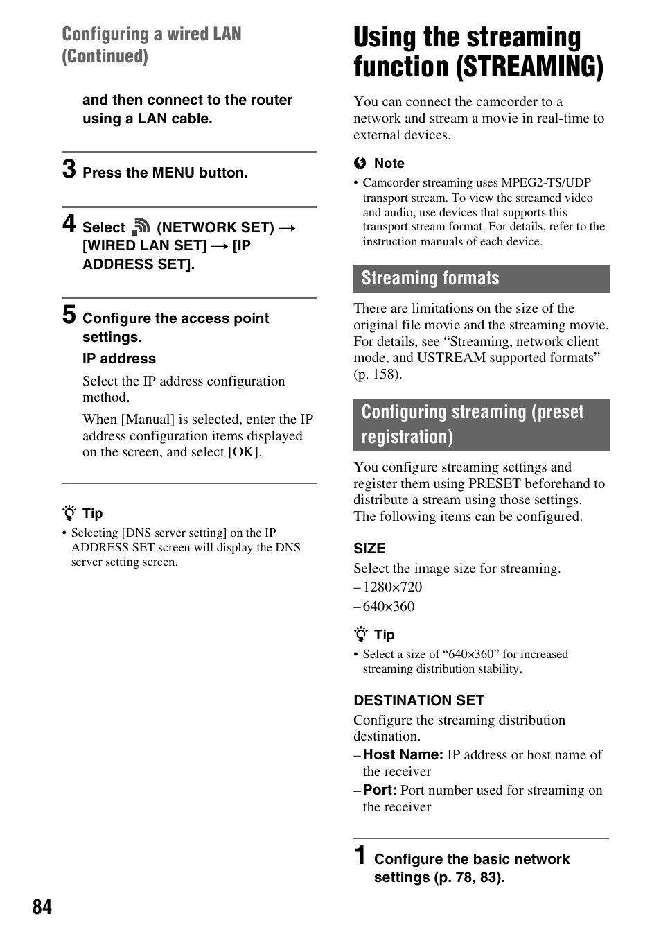 Using the streaming function (streaming), Streaming formats, Configuring streaming (preset registration) | Ng (p. 84) | Sony a6400 Mirrorless Camera User Manual | Page 84 / 176