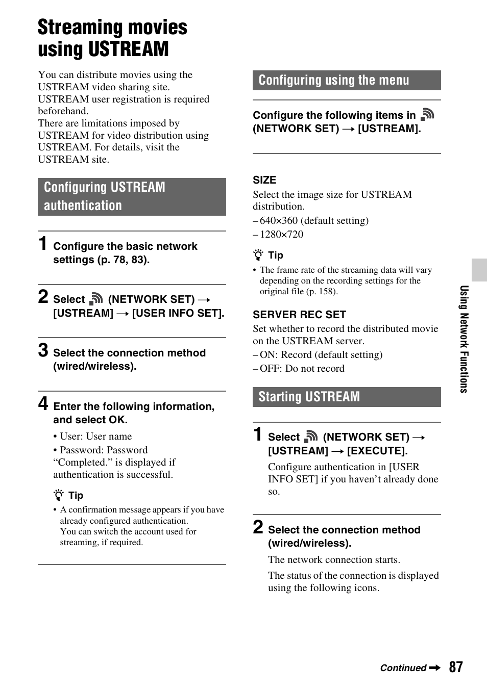 Streaming movies using ustream, Configuring ustream authentication, Configuring using the menu | Starting ustream, P. 87), Configuring using the menu starting ustream | Sony a6400 Mirrorless Camera User Manual | Page 87 / 176