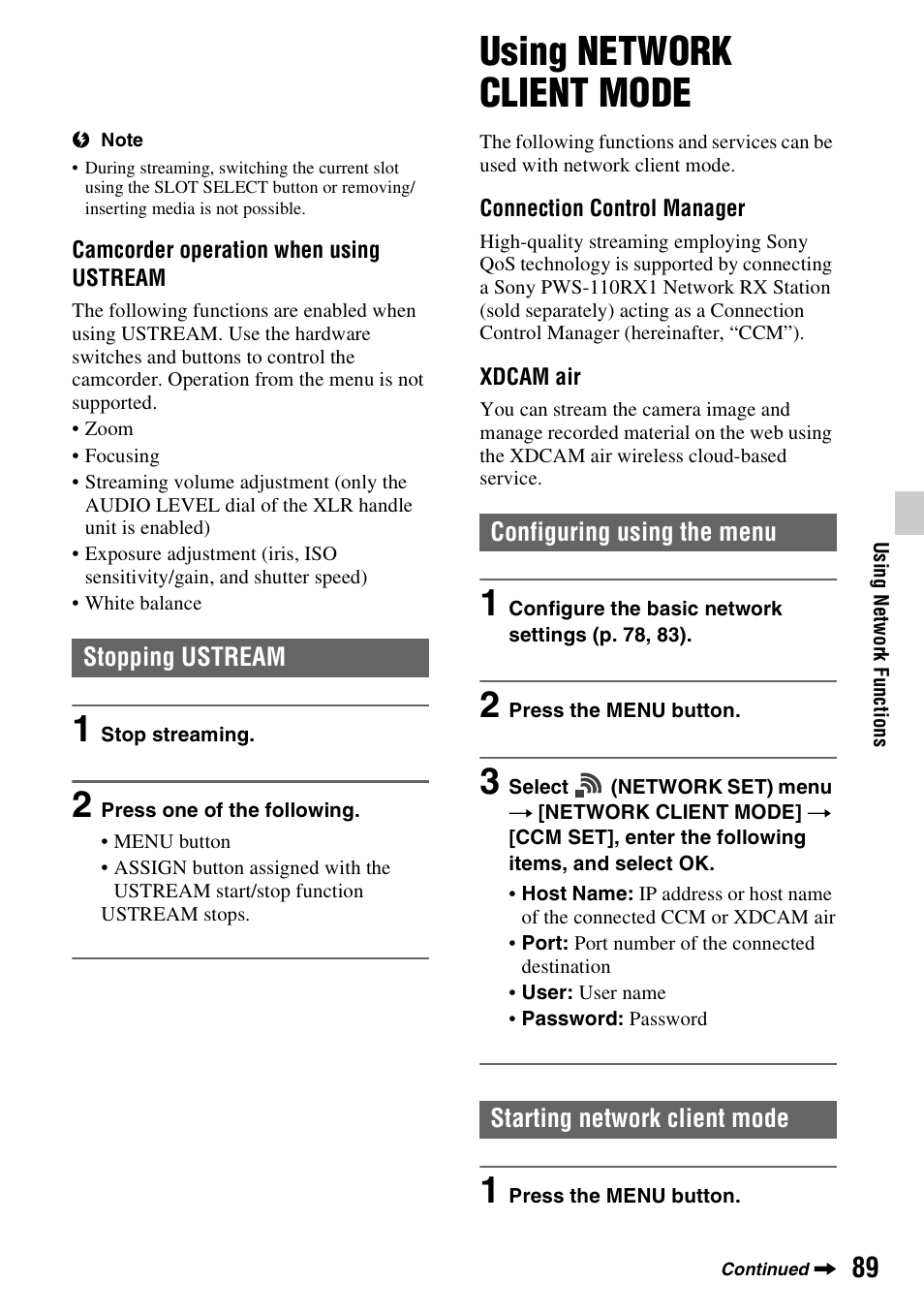 Stopping ustream, Using network client mode, Configuring using the menu | Starting network client mode, Nt mode (p. 89) | Sony a6400 Mirrorless Camera User Manual | Page 89 / 176