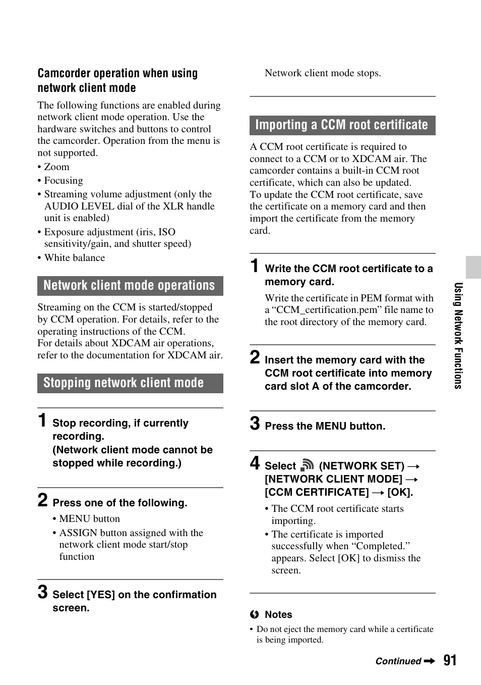 Network client mode operations, Stopping network client mode, Importing a ccm root certificate | Sony a6400 Mirrorless Camera User Manual | Page 91 / 176