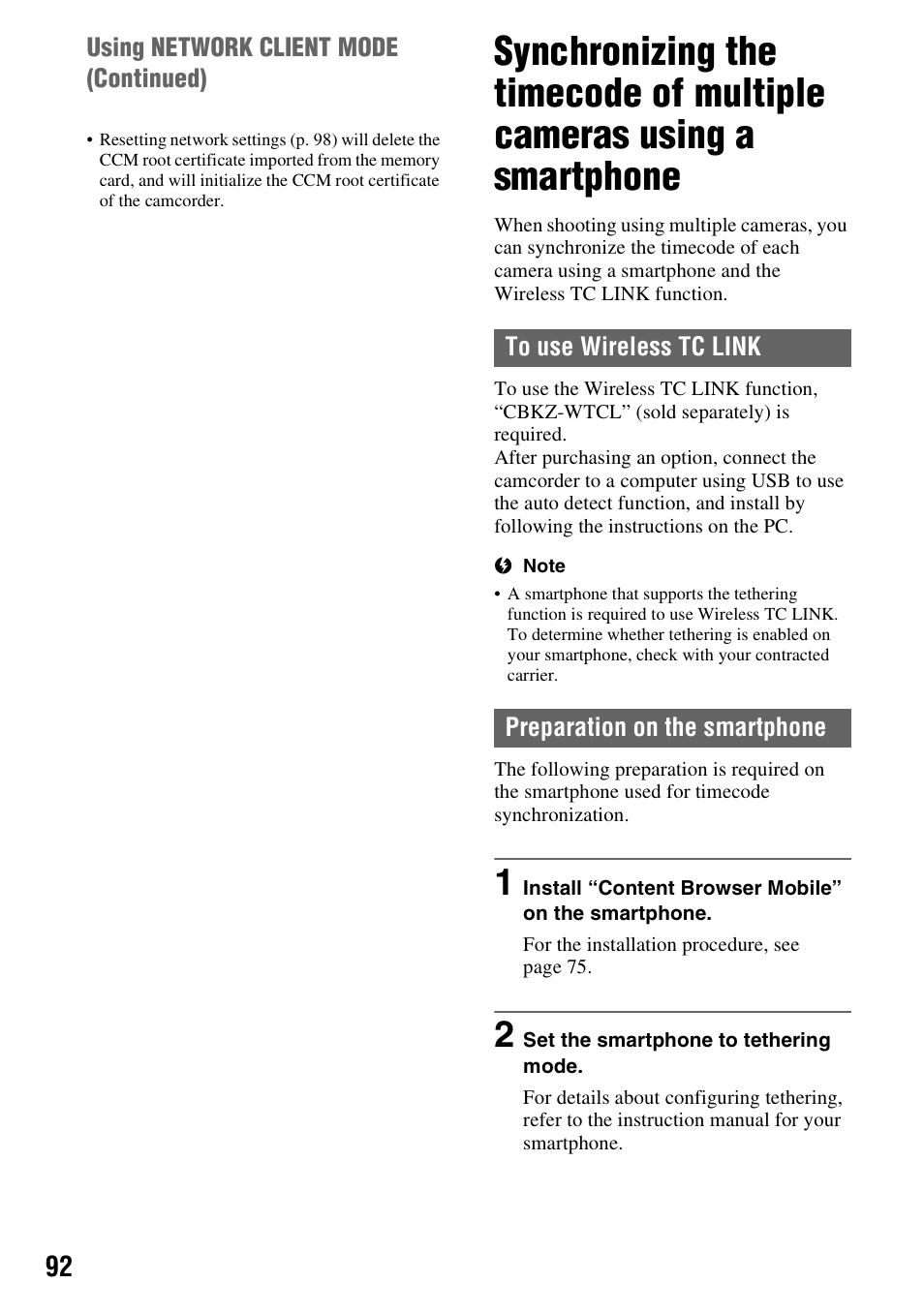 To use wireless tc link, Preparation on the smartphone, Smartphone | P. 92) | Sony a6400 Mirrorless Camera User Manual | Page 92 / 176