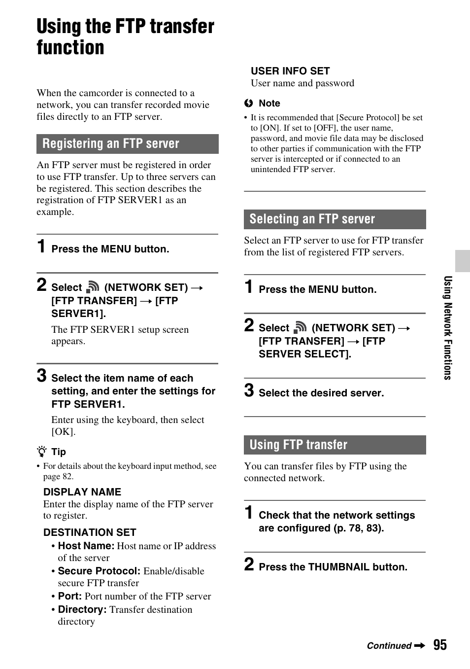 Using the ftp transfer function, Registering an ftp server, Selecting an ftp server | Using ftp transfer, R (p. 95), Selecting an ftp server using ftp transfer | Sony a6400 Mirrorless Camera User Manual | Page 95 / 176
