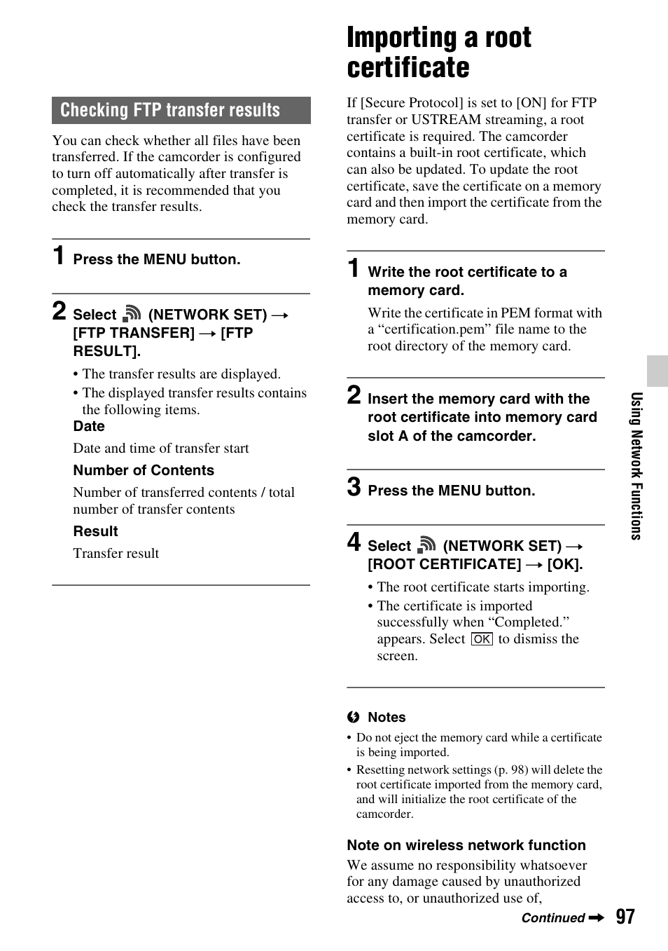 Checking ftp transfer results, Importing a root certificate | Sony a6400 Mirrorless Camera User Manual | Page 97 / 176