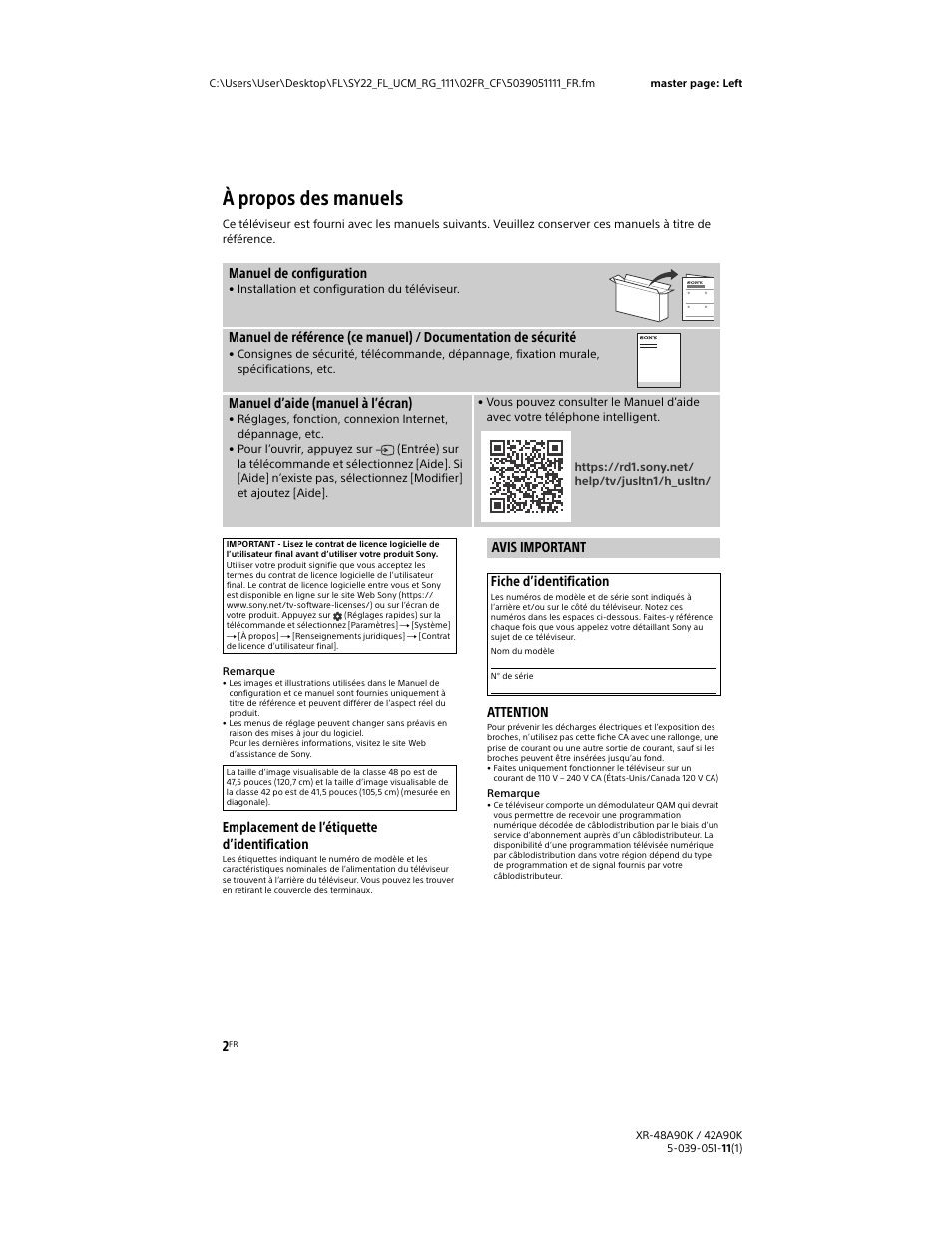 À propos des manuels, Avis important, Emplacement de l’étiquette d’identification | Attention, Manuel de configuration, Manuel d’aide (manuel à l’écran), Avis important fiche d’identification | Sony a6400 Mirrorless Camera with 16-50mm Lens User Manual | Page 14 / 44