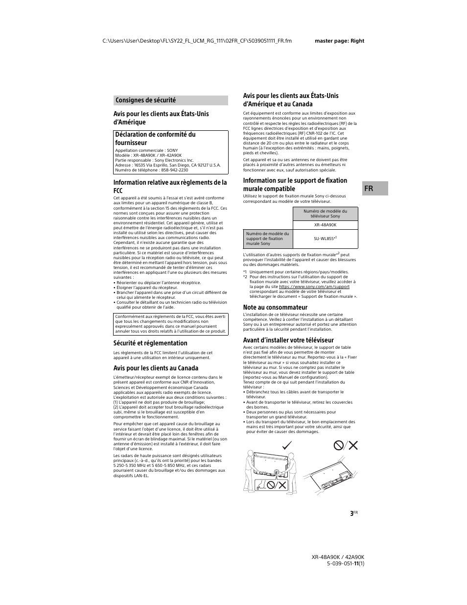 Consignes de sécurité, Sécurité et réglementation, Avis pour les clients au canada | Avant d’installer votre téléviseur | Sony a6400 Mirrorless Camera with 16-50mm Lens User Manual | Page 15 / 44