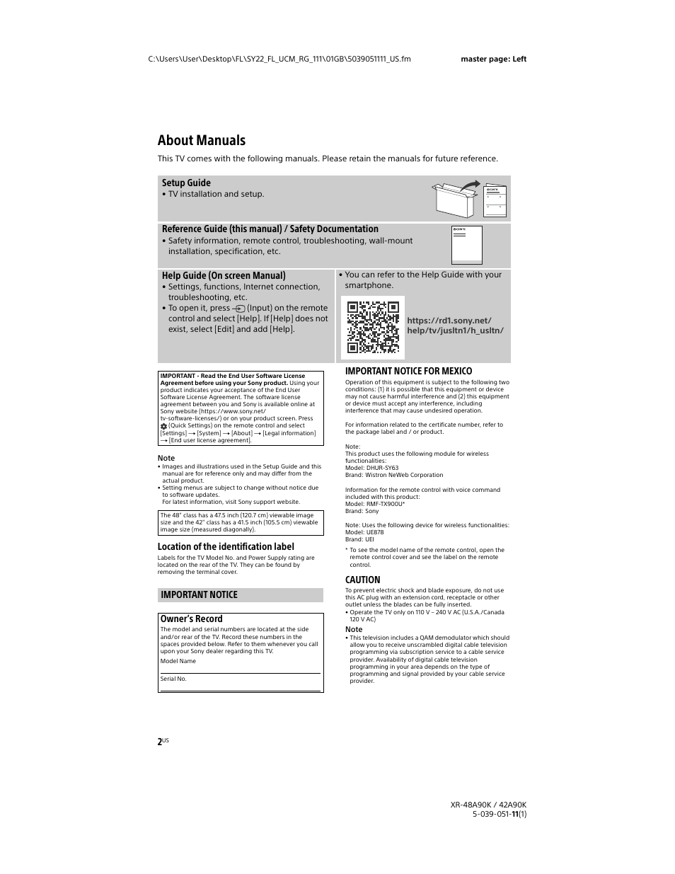 About manuals, Important notice, Location of the identification label | Important notice for mexico, Caution, Setup guide, Help guide (on screen manual), Important notice owner’s record | Sony a6400 Mirrorless Camera with 16-50mm Lens User Manual | Page 2 / 44