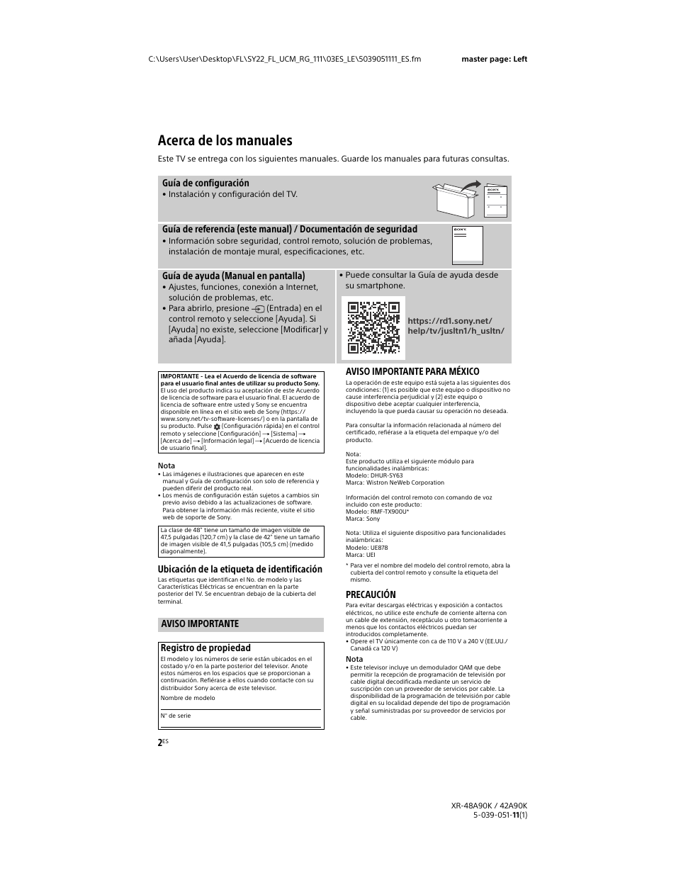 Acerca de los manuales, Aviso importante, Ubicación de la etiqueta de identificación | Aviso importante para méxico, Precaución, Guía de configuración, Guía de ayuda (manual en pantalla), Aviso importante registro de propiedad | Sony a6400 Mirrorless Camera with 16-50mm Lens User Manual | Page 28 / 44