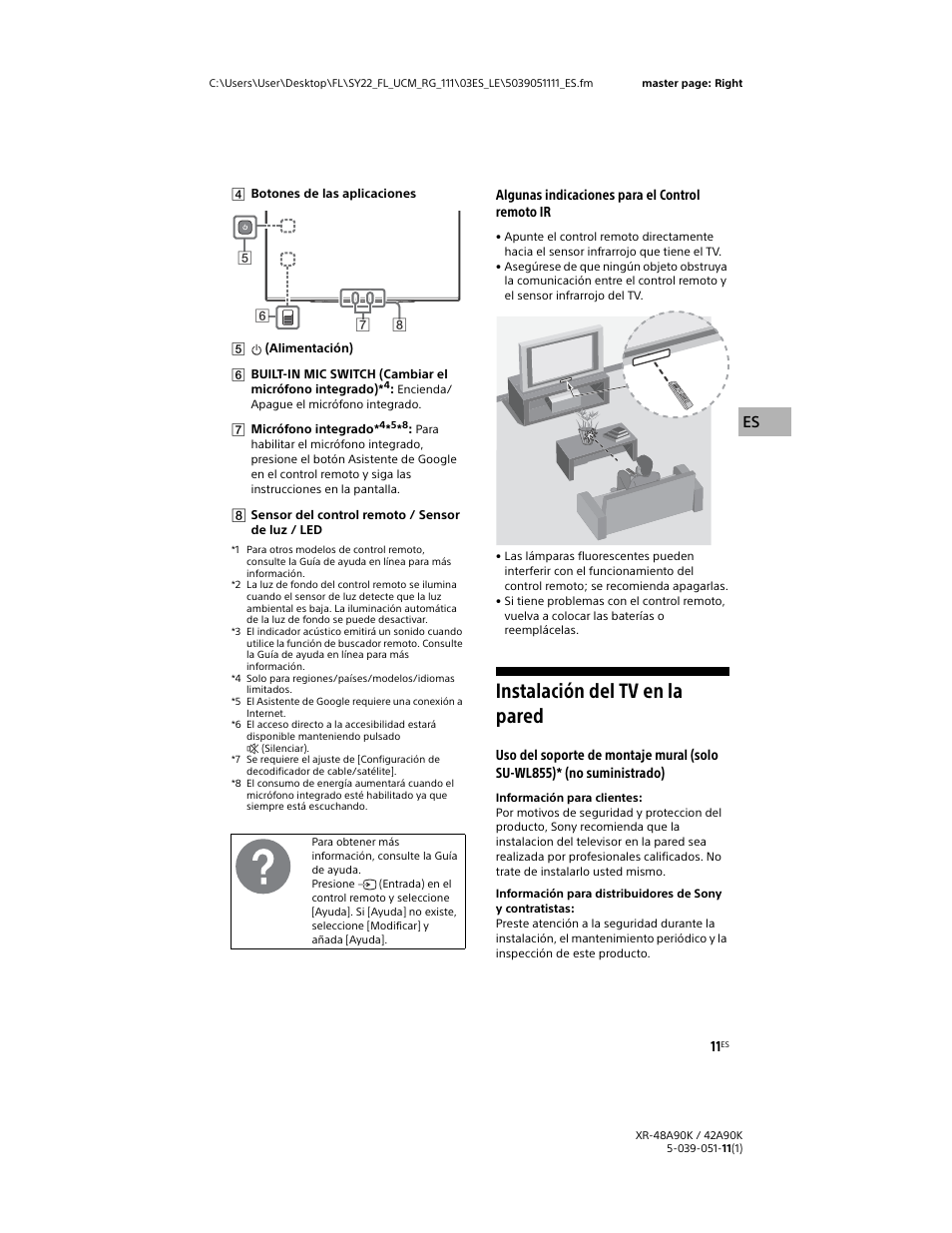 Instalación del tv en la pared, Algunas indicaciones para el control remoto ir | Sony a6400 Mirrorless Camera with 16-50mm Lens User Manual | Page 37 / 44
