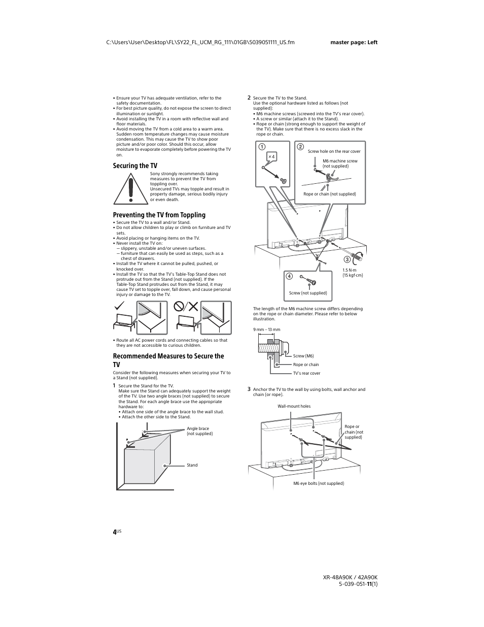 Securing the tv preventing the tv from toppling, Recommended measures to secure the tv | Sony a6400 Mirrorless Camera with 16-50mm Lens User Manual | Page 4 / 44
