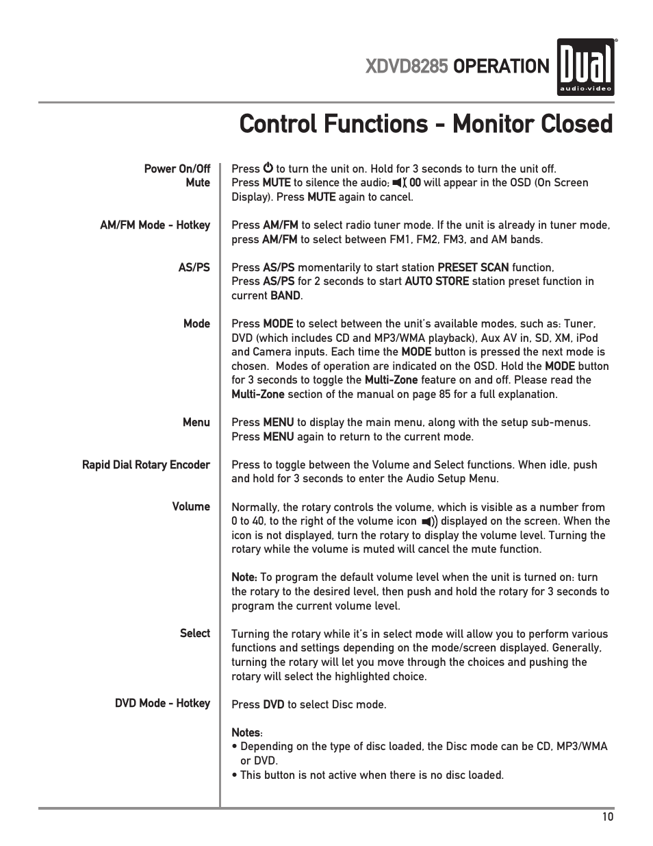 Control functions - monitor closed, Xdvd8285 operation | Dual XDVD8285 User Manual | Page 11 / 96