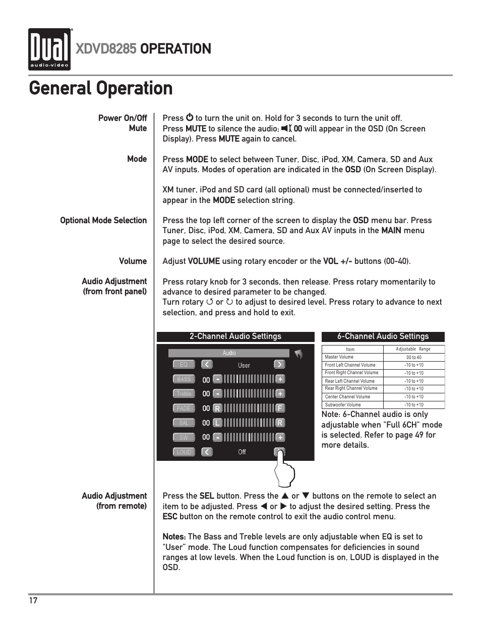 General operation, Xdvd8285 operation | Dual XDVD8285 User Manual | Page 18 / 96