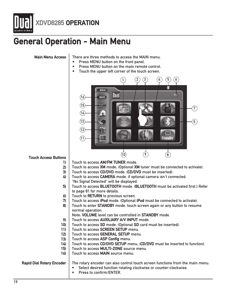 General operation - main menu, Xdvd8285 operation | Dual XDVD8285 User Manual | Page 20 / 96
