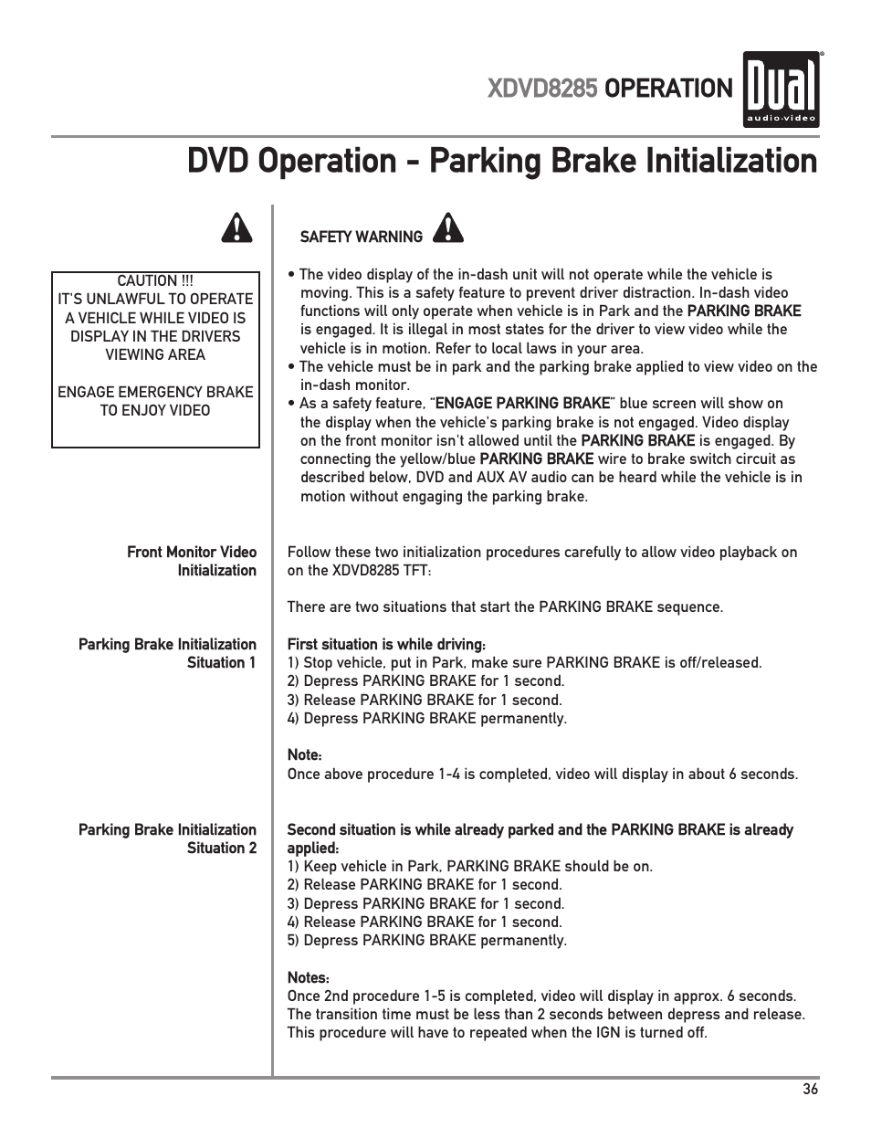 Dvd operation - parking brake initialization, Xdvd8285 operation | Dual XDVD8285 User Manual | Page 37 / 96