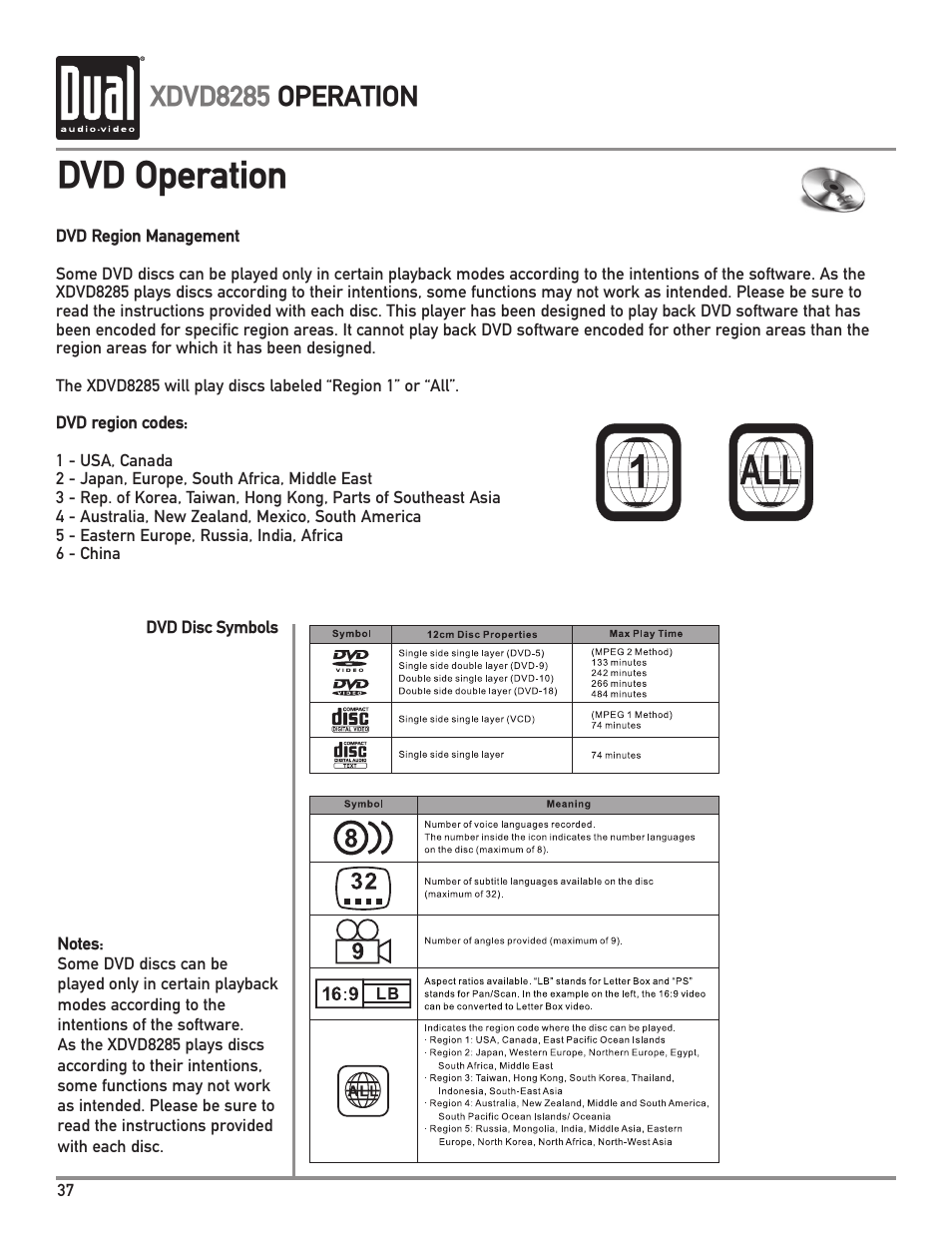 Dvd operation, Xdvd8285 operation | Dual XDVD8285 User Manual | Page 38 / 96