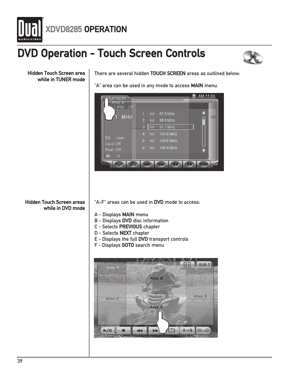 Dvd operation - touch screen controls | Dual XDVD8285 User Manual | Page 40 / 96