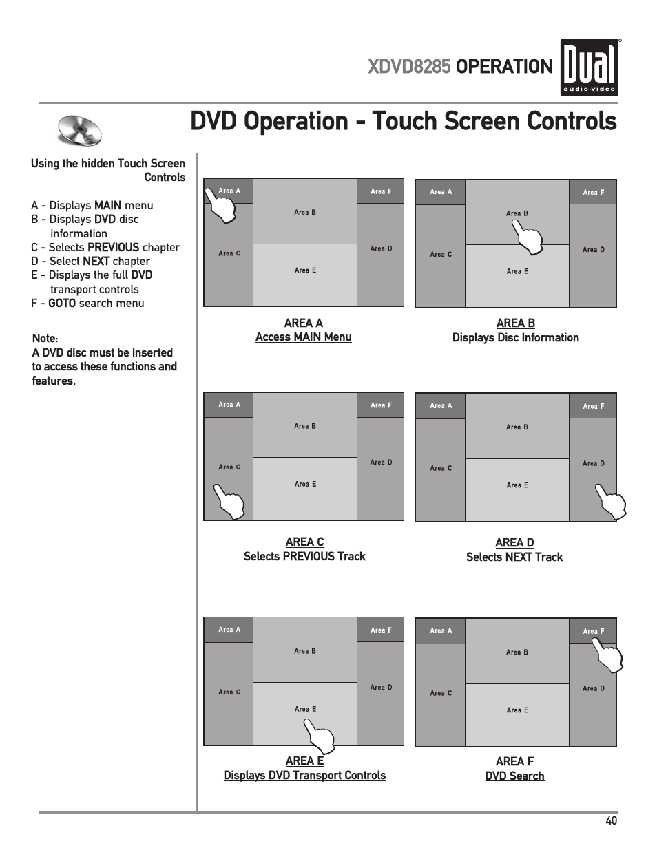 Dvd operation - touch screen controls | Dual XDVD8285 User Manual | Page 41 / 96