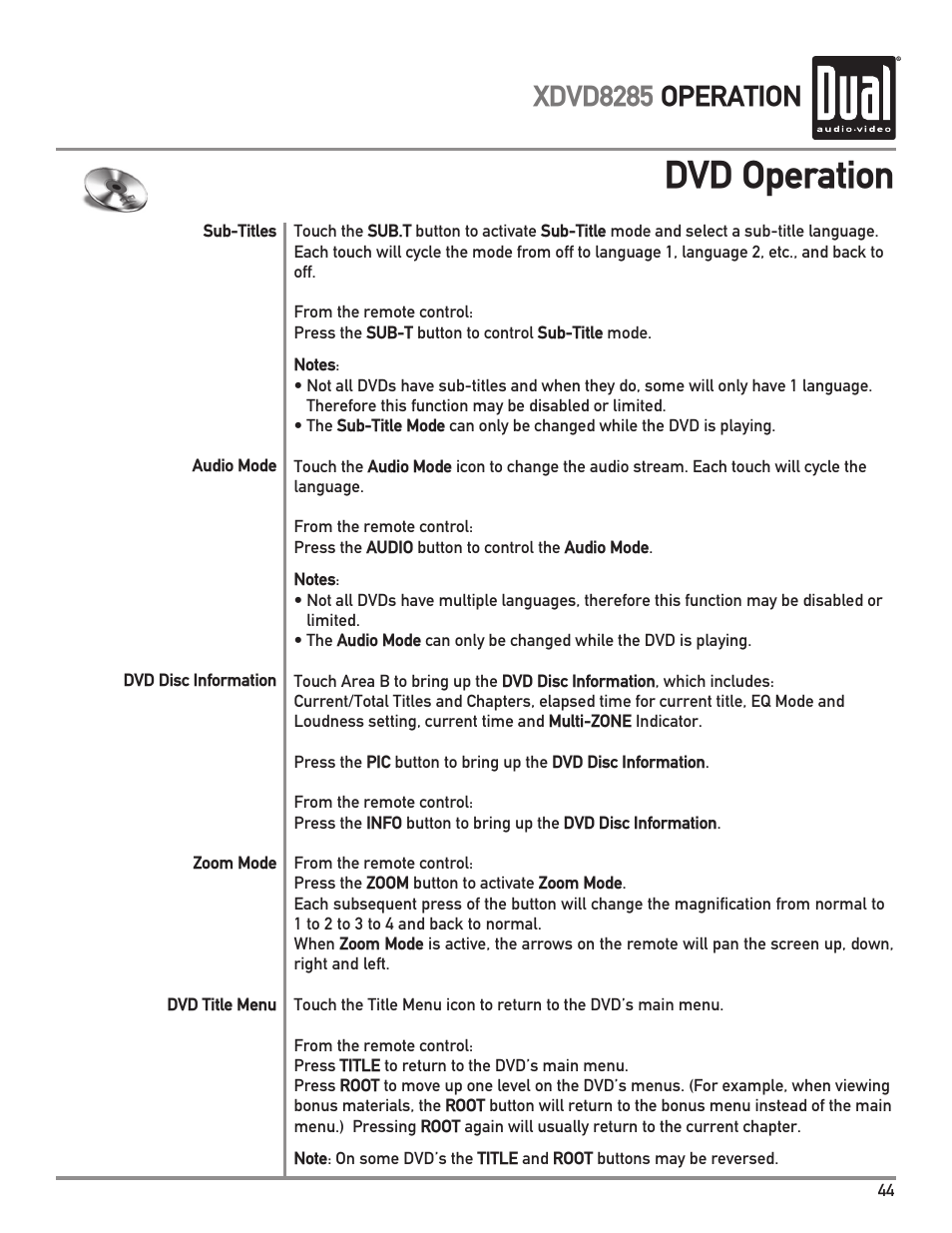 Dvd operation, Xdvd8285 operation | Dual XDVD8285 User Manual | Page 45 / 96