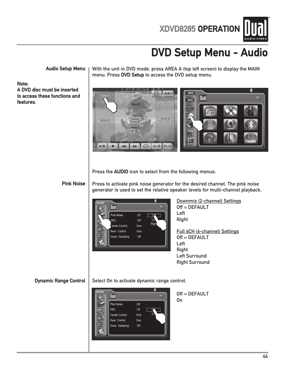 Dvd setup menu - audio | Dual XDVD8285 User Manual | Page 47 / 96