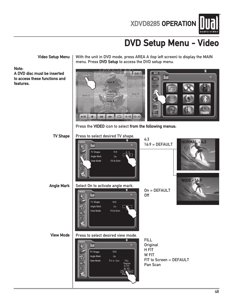 Dvd setup menu - video | Dual XDVD8285 User Manual | Page 49 / 96