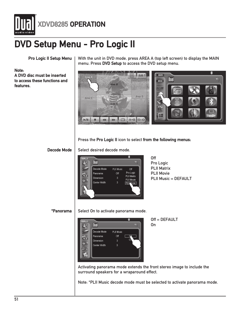 Dvd setup menu - pro logic ii | Dual XDVD8285 User Manual | Page 52 / 96