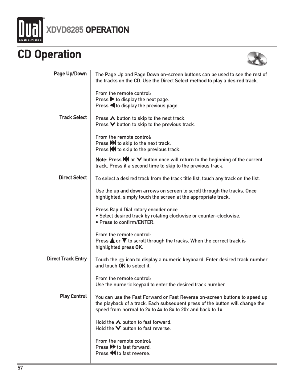 Cd operation, Xdvd8285 operation | Dual XDVD8285 User Manual | Page 58 / 96