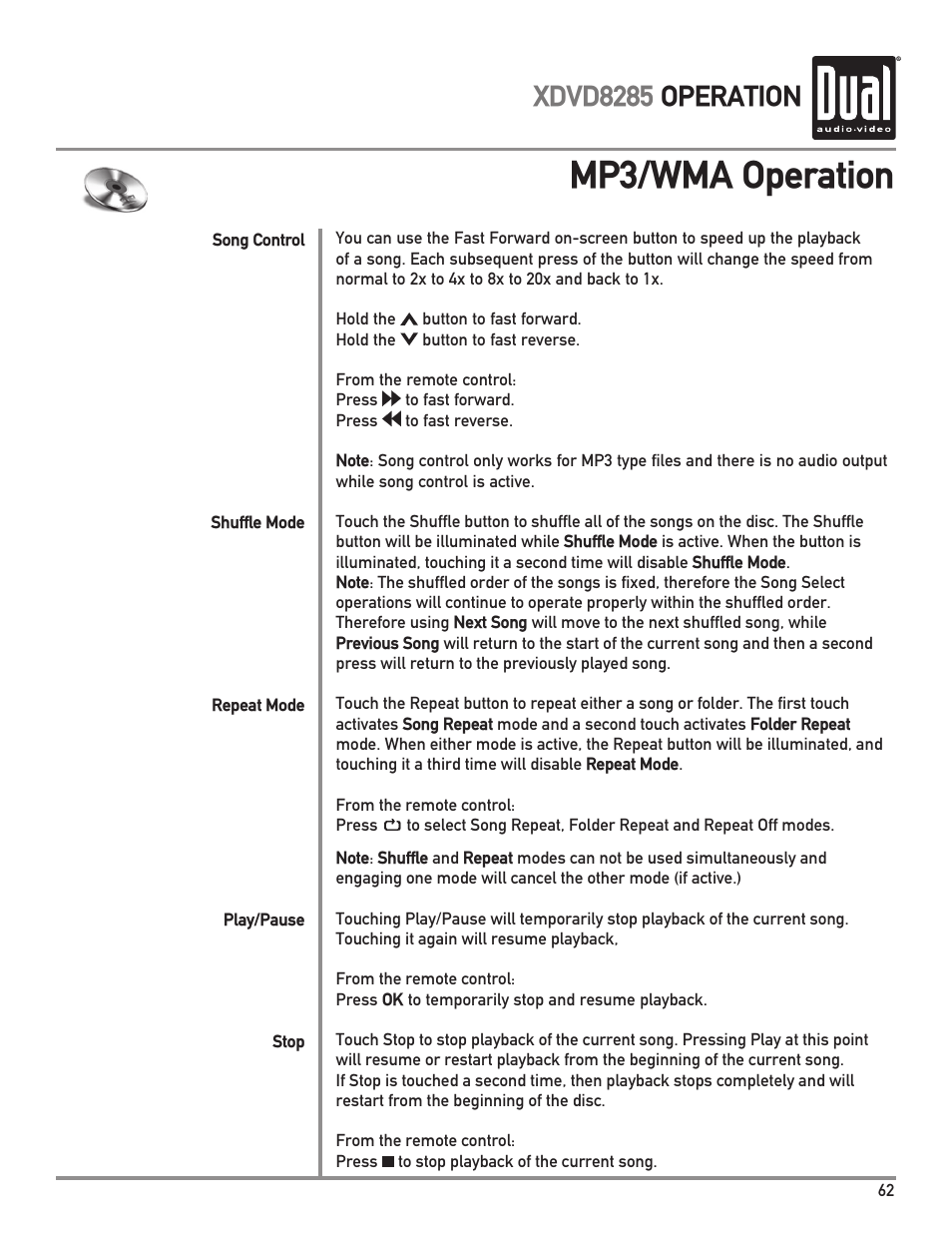 Mp3/wma operation, Xdvd8285 operation | Dual XDVD8285 User Manual | Page 63 / 96